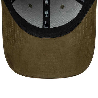 New Era Suede Visor Green 39THIRTY Stretch Fit Cap, inside view showing the brown suede visor with detailed stitching, black sweatband, light grey undervisor, and 39THIRTY taping around the structured interior of the cap.