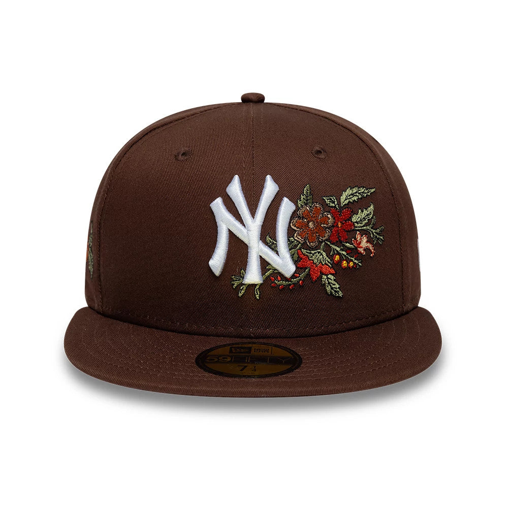 Pictured is this MLB Floral New York Yankees 59FIFTY Fitted cap in dark brown. 2