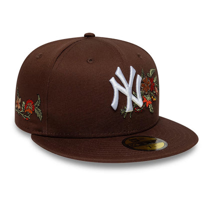 Pictured is this MLB Floral New York Yankees 59FIFTY Fitted cap in dark brown. 1