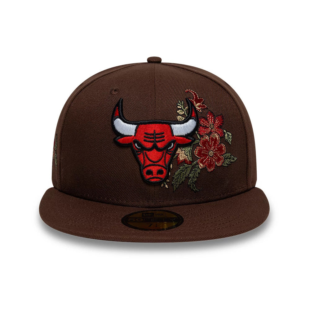 Pictured is this NBA Floral Chicago Bulls 59FIFTY Fitted cap in brown. 2