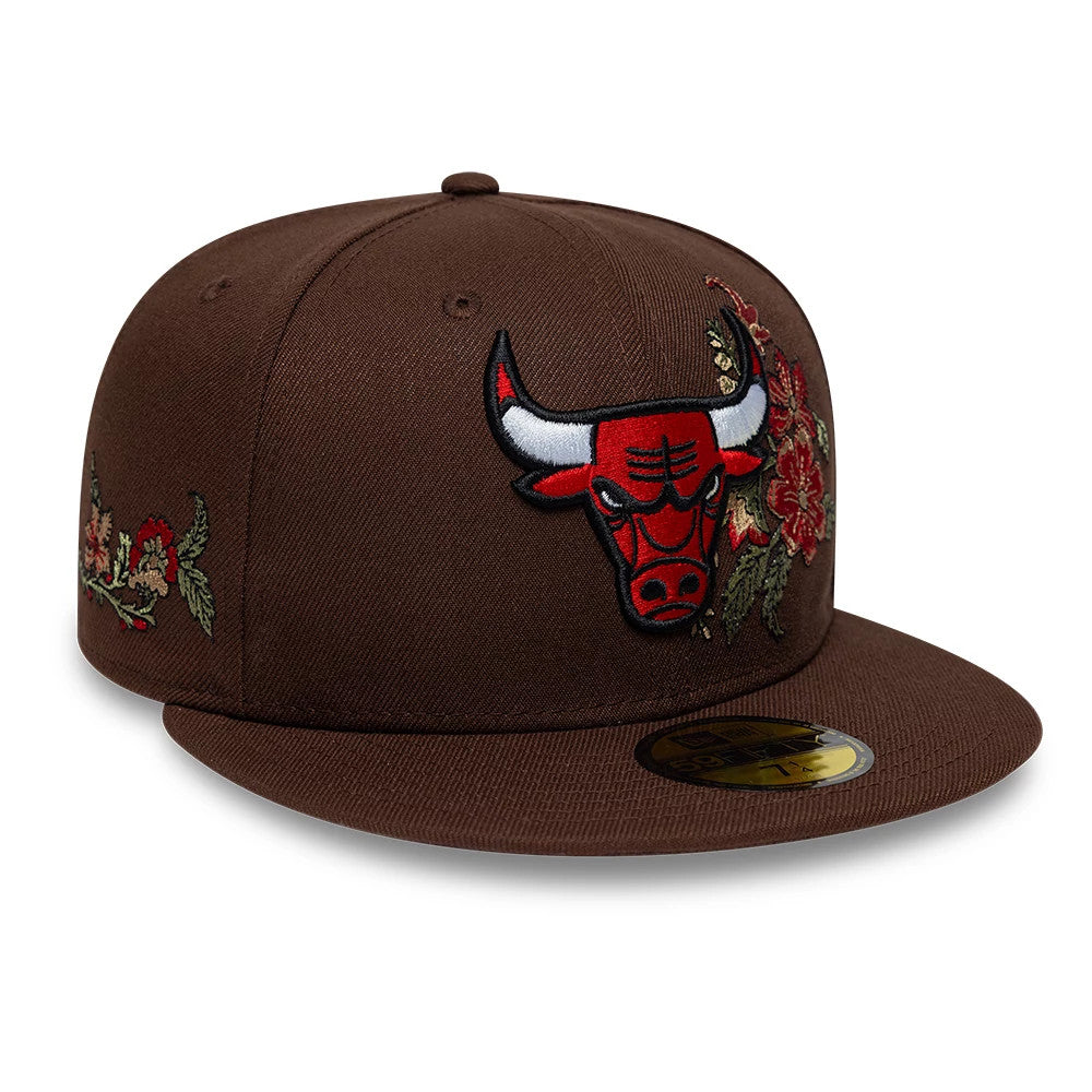 Pictured is this NBA Floral Chicago Bulls 59FIFTY Fitted cap in brown. 1