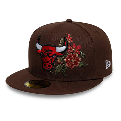 Pictured is this NBA Floral Chicago Bulls 59FIFTY Fitted cap in brown. 3