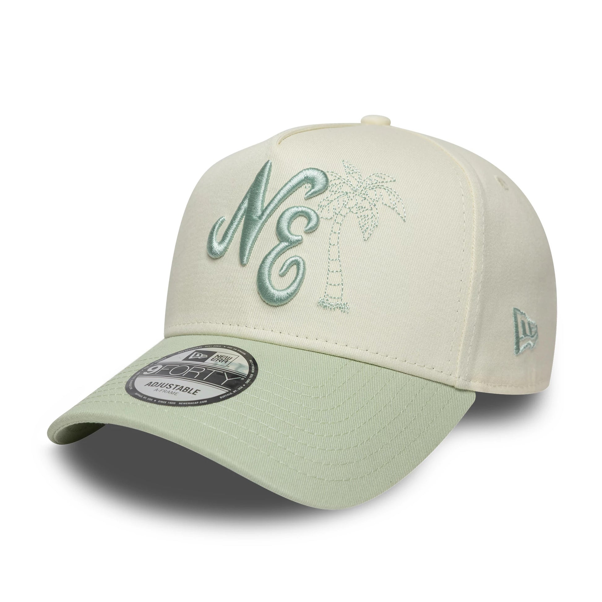 Pictured is this New Era Palm 9FORTY A-Frame cap in white & green. 1
