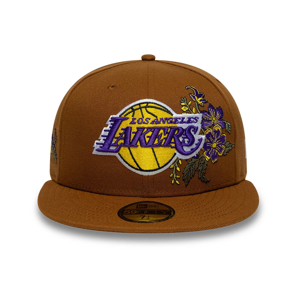 Pictured is this NBA Floral LA Lakers 59FIFTY Fitted cap in brown. 2