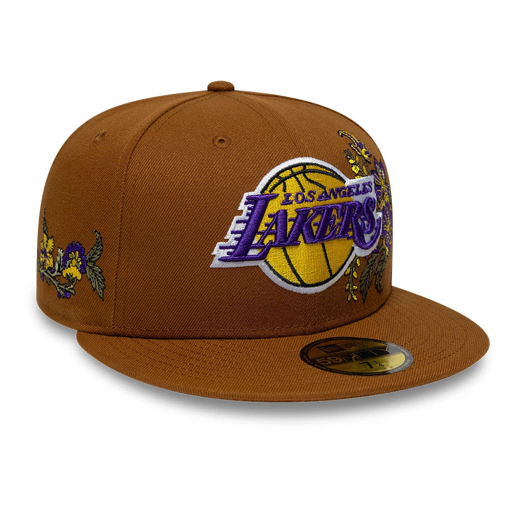 Pictured is this NBA Floral LA Lakers 59FIFTY Fitted cap in brown. 1