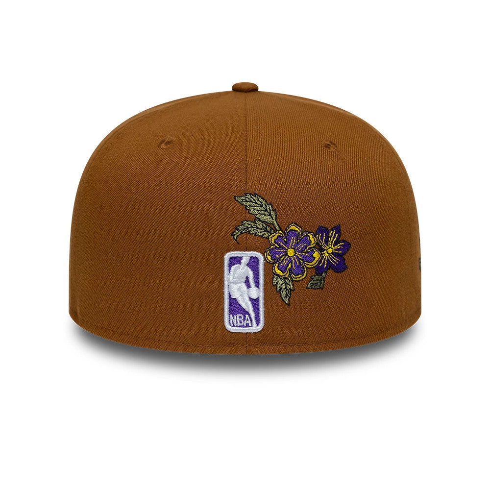 Pictured is this NBA Floral LA Lakers 59FIFTY Fitted cap in brown. 4