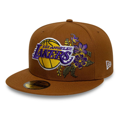 Pictured is this NBA Floral LA Lakers 59FIFTY Fitted cap in brown. 3