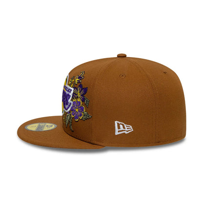 Pictured is this NBA Floral LA Lakers 59FIFTY Fitted cap in brown. 5