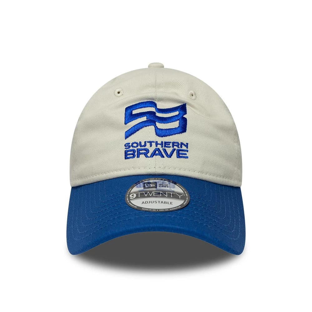Pictured is this The Hundred 2026 Southern Brave 9TWENTY Adjustable cap in light beige & blue. 2