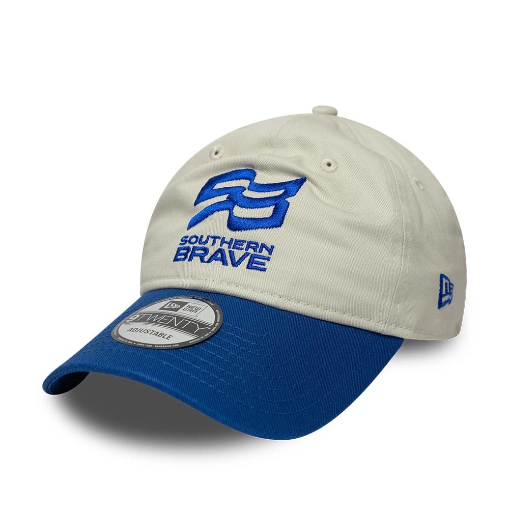 Pictured is this The Hundred 2026 Southern Brave 9TWENTY Adjustable cap in light beige & blue. 1