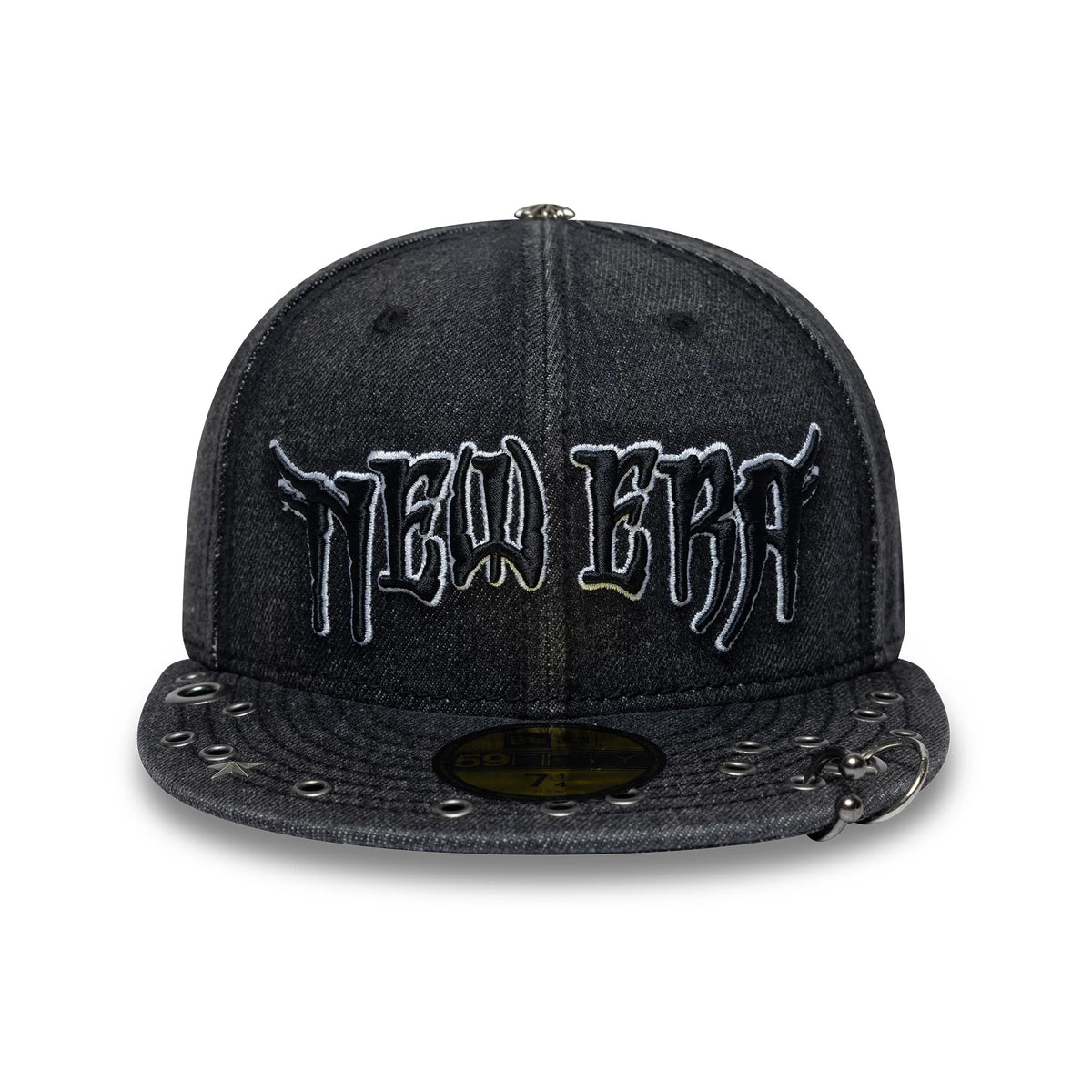 New Era Hardware Washed Black 59FIFTY Fitted Cap, front view showing the white embroidered New Era logo on the dark washed crown, silver eyelet embellishments on the visor, and a gold 59FIFTY size sticker prominently displayed on the flat visor.
