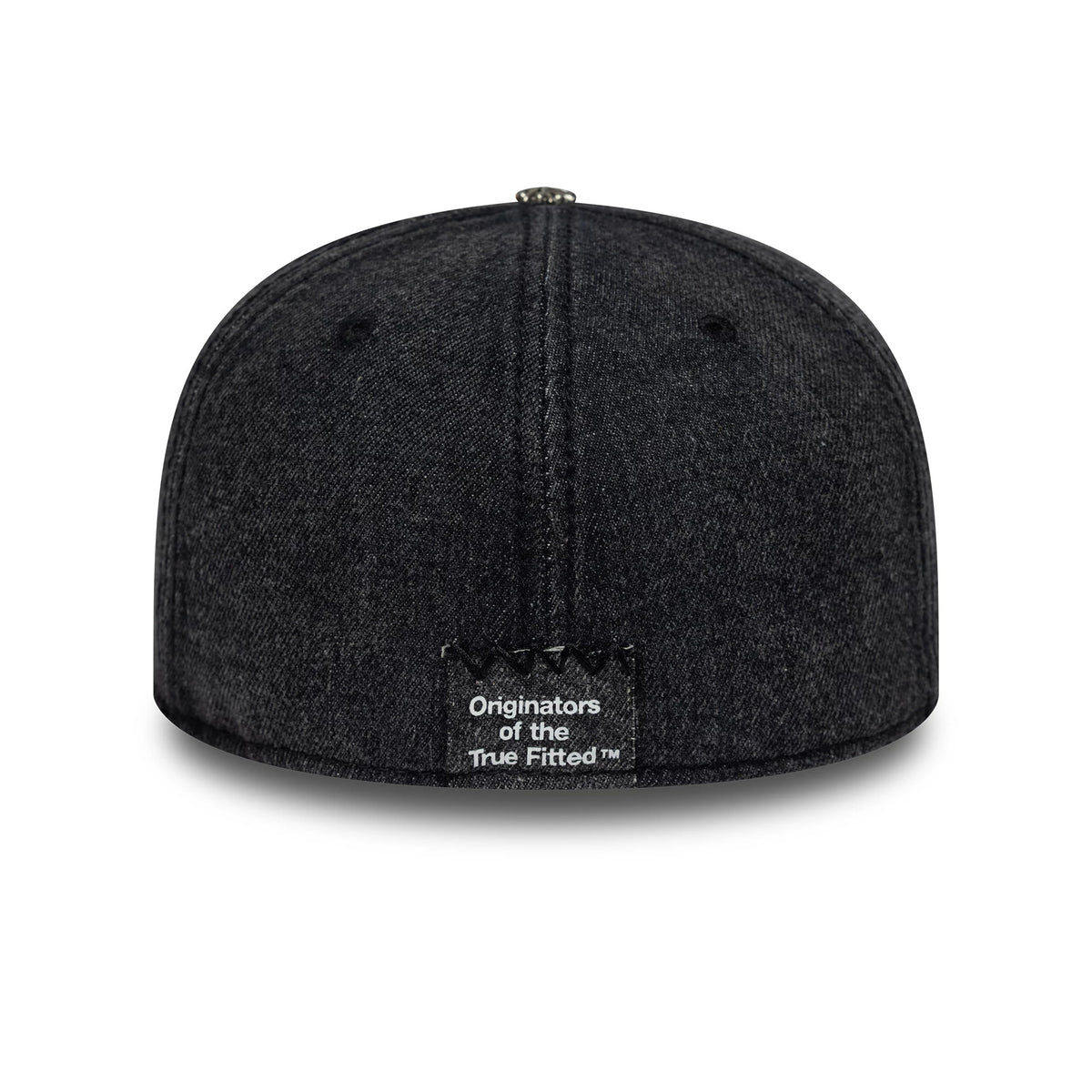 New Era Hardware Washed Black 59FIFTY Fitted Cap, rear view showing the black embroidered label with Originators of the True Fitted text at the bottom centre, set on the washed black crown with seam details and top button.