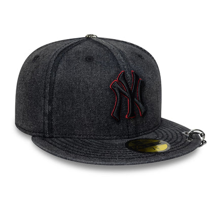 New York Yankees MLB Hardware Washed Black New Era 59FIFTY Fitted Cap, front view showing a black embroidered Yankees logo with red outline on the front panel, washed black visor with gold 59FIFTY size sticker, and ring detail on the visor.