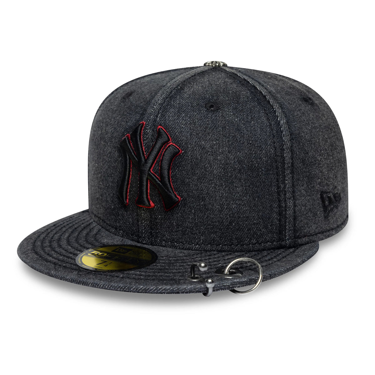 New York Yankees MLB Hardware Washed Black New Era 59FIFTY Fitted Cap, three-quarter view showing a raised black NY logo with red outline on the front panel, flat black visor with a gold 59FIFTY size sticker, and a silver hoop accessory.