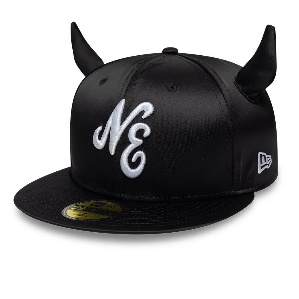 Pictured is this New Era Satin Horn 59FIFTY Fitted cap in black. 1