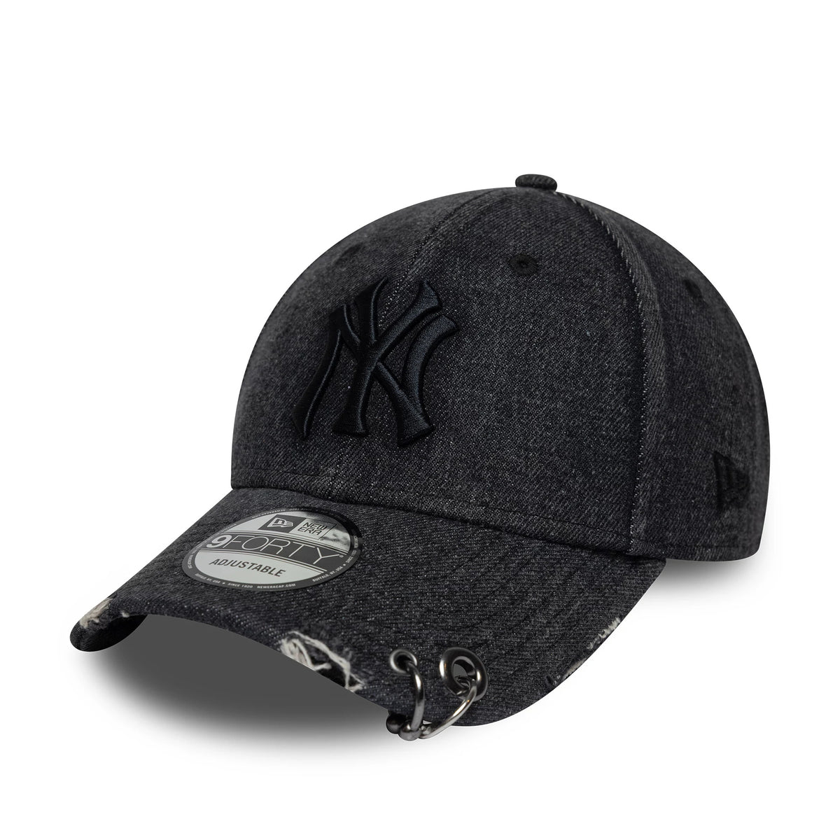 New York Yankees MLB Hardware Black New Era 9FORTY Adjustable Denim Cap, front view showing the raised black embroidered NY logo on the denim texture, distressed details on the curved visor, and a 9FORTY size sticker.