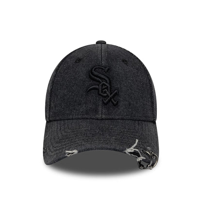 Chicago White Sox MLB Hardware Black New Era 9FORTY Adjustable Denim Cap, front view showing the black embroidered Sox logo on the structured denim crown, with distressed on the visor and a silver chain accent on the visor edge.
