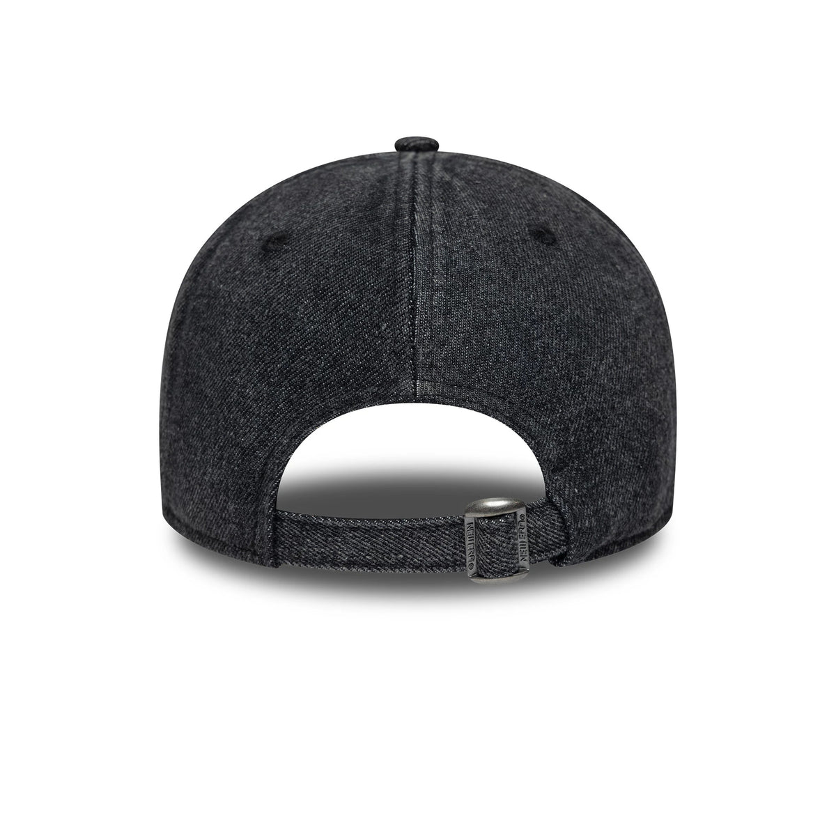 Chicago White Sox MLB Hardware Black New Era 9FORTY Adjustable Denim Cap, rear view showing a curved strap closure with clasp, black denim texture throughout the crown, and the top button centred on the structured panels.