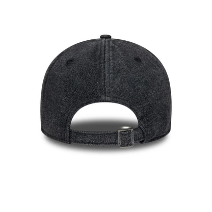 Chicago White Sox MLB Hardware Black New Era 9FORTY Adjustable Denim Cap, rear view showing a curved strap closure with clasp, black denim texture throughout the crown, and the top button centred on the structured panels.