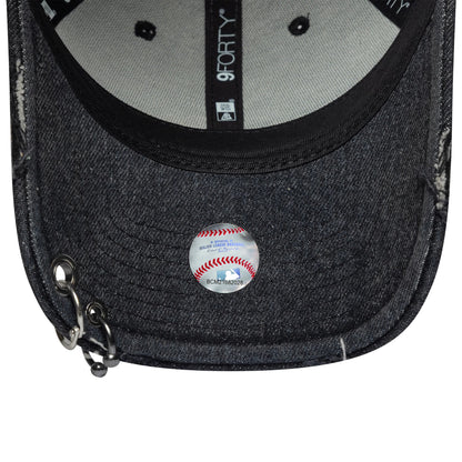 Chicago White Sox MLB Hardware Black New Era 9FORTY Adjustable Denim Cap, inside view showing a black sweatband, grey undervisor, and New Era taping, with a unique silver grommet and chain on the denim visor.