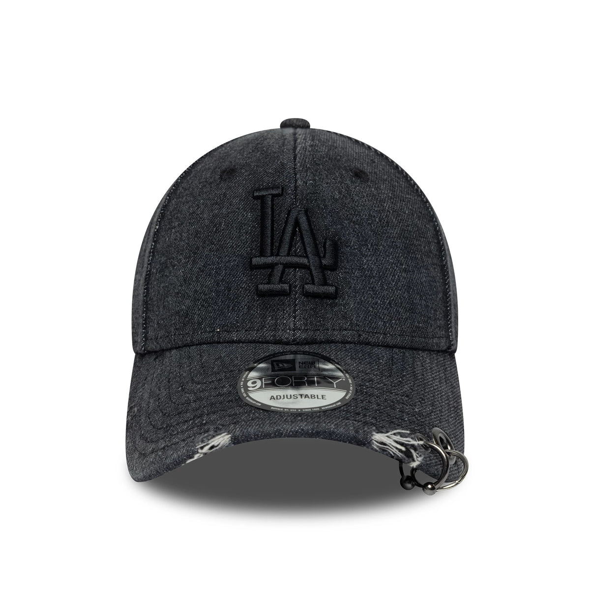 LA Dodgers MLB Hardware Black New Era 9FORTY Adjustable Denim Cap, front view showing a black embroidered LA logo on a textured black denim crown, distressed on the curved visor, and a 9FORTY size sticker centred on the visor.
