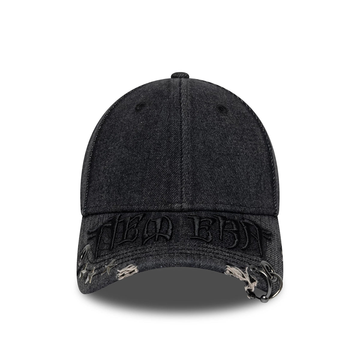 New Era Hardware Washed Black New Era 9FORTY Adjustable Cap, front view showing raised black embroidery across the front panel, distressed details with accents on the edge of the curved visor, and a structured black crown with top button and eyelets.