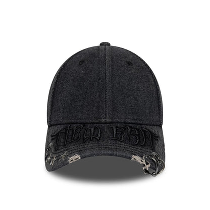 New Era Hardware Washed Black New Era 9FORTY Adjustable Cap, front view showing raised black embroidery across the front panel, distressed details with accents on the edge of the curved visor, and a structured black crown with top button and eyelets.