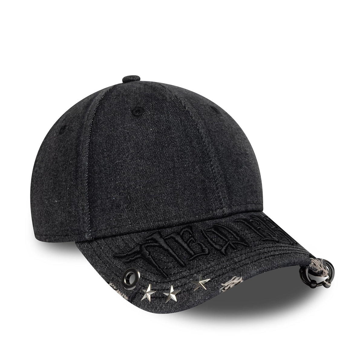 New Era Hardware Washed Black 9FORTY Adjustable Cap, three-quarter view showing raised black embroidery on the curved visor, star studs and an eyelet on the visor, with a distressed and washed black crown.