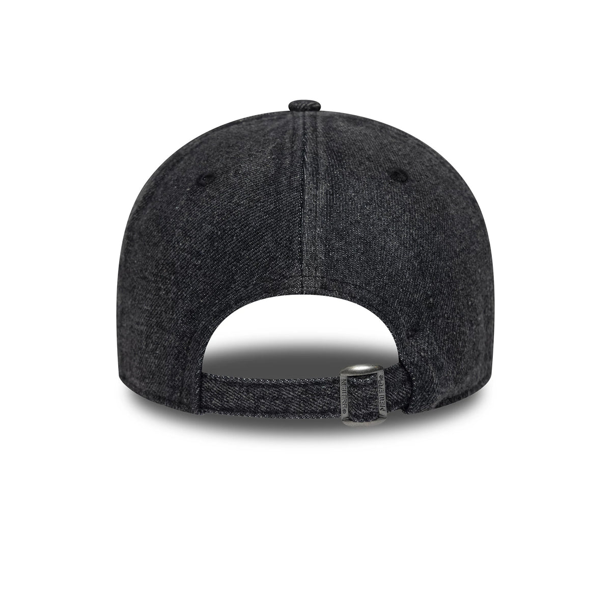 New Era Hardware Washed Black 9FORTY Adjustable Cap, rear view showing the unstructured black washed fabric with a classic curved strap closure, featuring a adjuster engraved with New Era branding, and matching black eyelets.