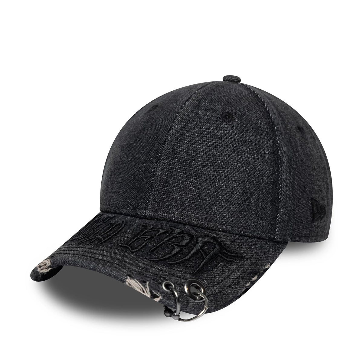 New Era Hardware Washed Black 9FORTY Adjustable Cap, three-quarter view showing black raised embroidery on the distressed black visor with silver ring accents, along with the New Era flag logo embroidered on the left side.