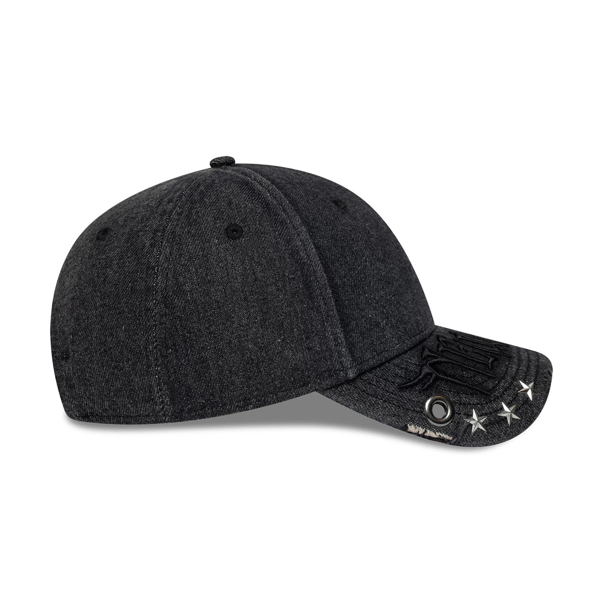 New Era Hardware Washed Black 9FORTY Adjustable Cap, side view showing the New Era flag logo on the distressed black visor, black embroidered on the front, and three silver star studs near the edge.