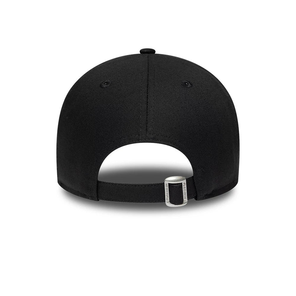 Godzilla X TGR Haas F1 Black New Era 9FORTY Adjustable Cap, rear view showing the structured black crown with eyelets, an adjustable strap with a buckle for custom fit at the back, and a seamless curved design.