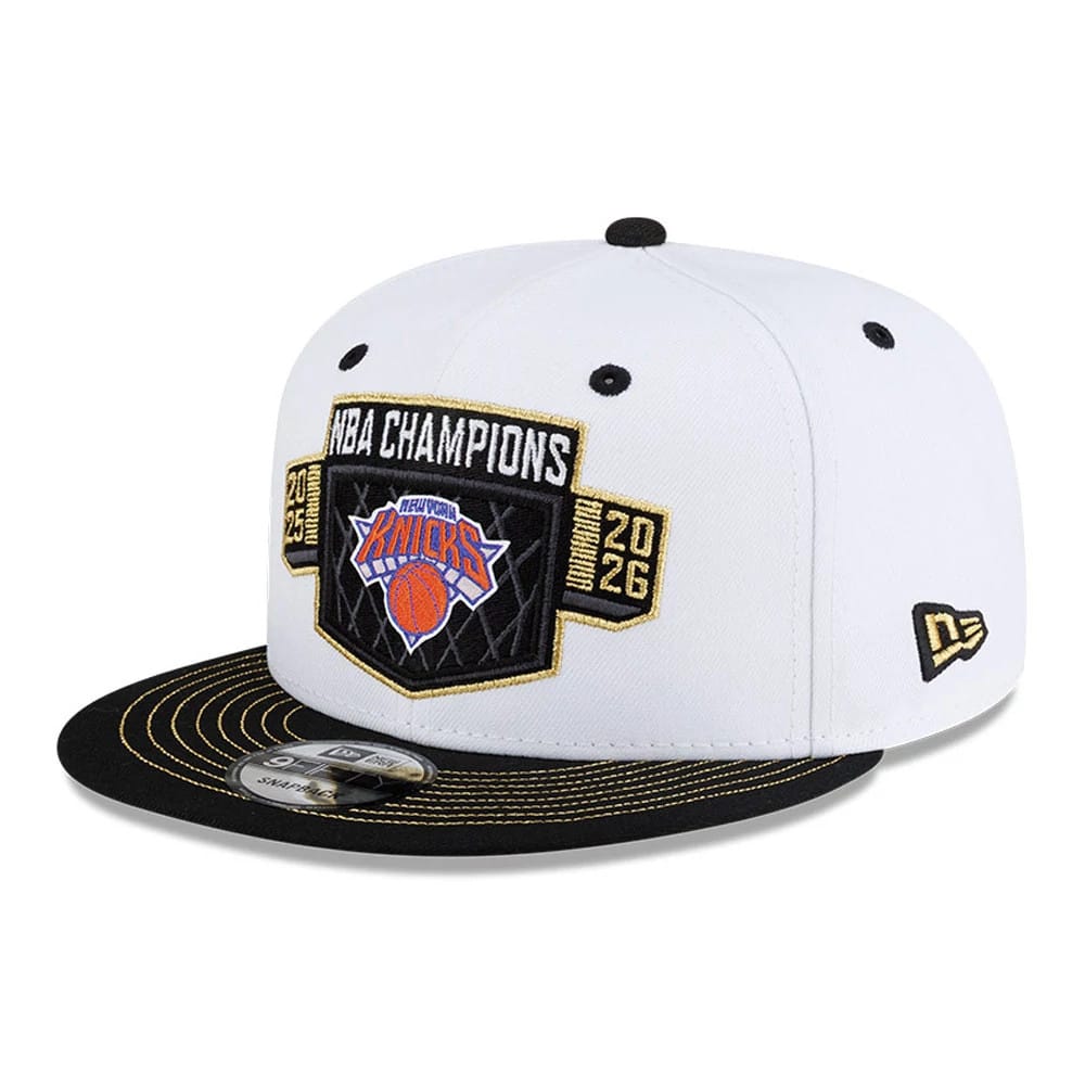 Pictured is this NBA Finals Champions 2026 New York Knicks 9FIFTY Snapback cap in white. 4