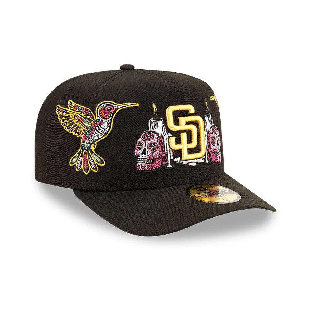 San Diego Padres MLB Day Of The Dead Black New Era 59FIFTY A-Frame Fitted Cap, front view showing a gold outlined SD logo embroidered on the front panel, a colourful hummingbird and sugar skulls design.