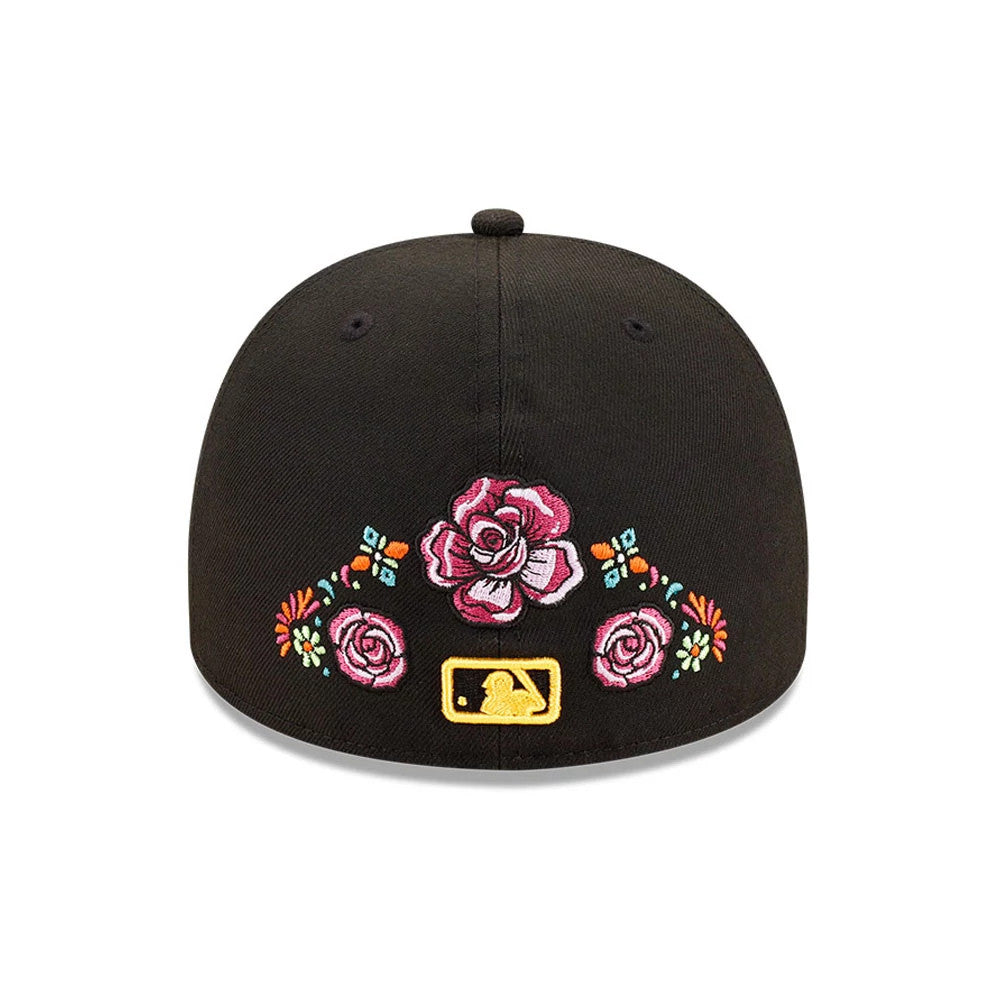 San Diego Padres MLB Day Of The Dead Black New Era 59FIFTY A-Frame Fitted Cap, rear view showing a pink and orange floral embroidery across the centre back above the gold MLB Batterman logo, against a black structured crown.