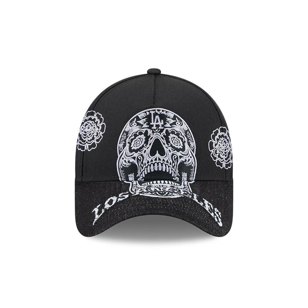 Pictured is this MLB Day Of The Dead LA Dodgers 9FORTY A-Frame cap in black. 2