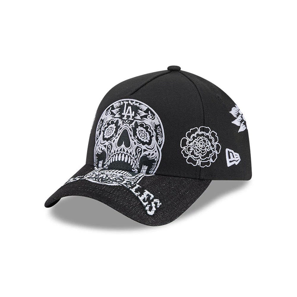 Pictured is this MLB Day Of The Dead LA Dodgers 9FORTY A-Frame cap in black. 1