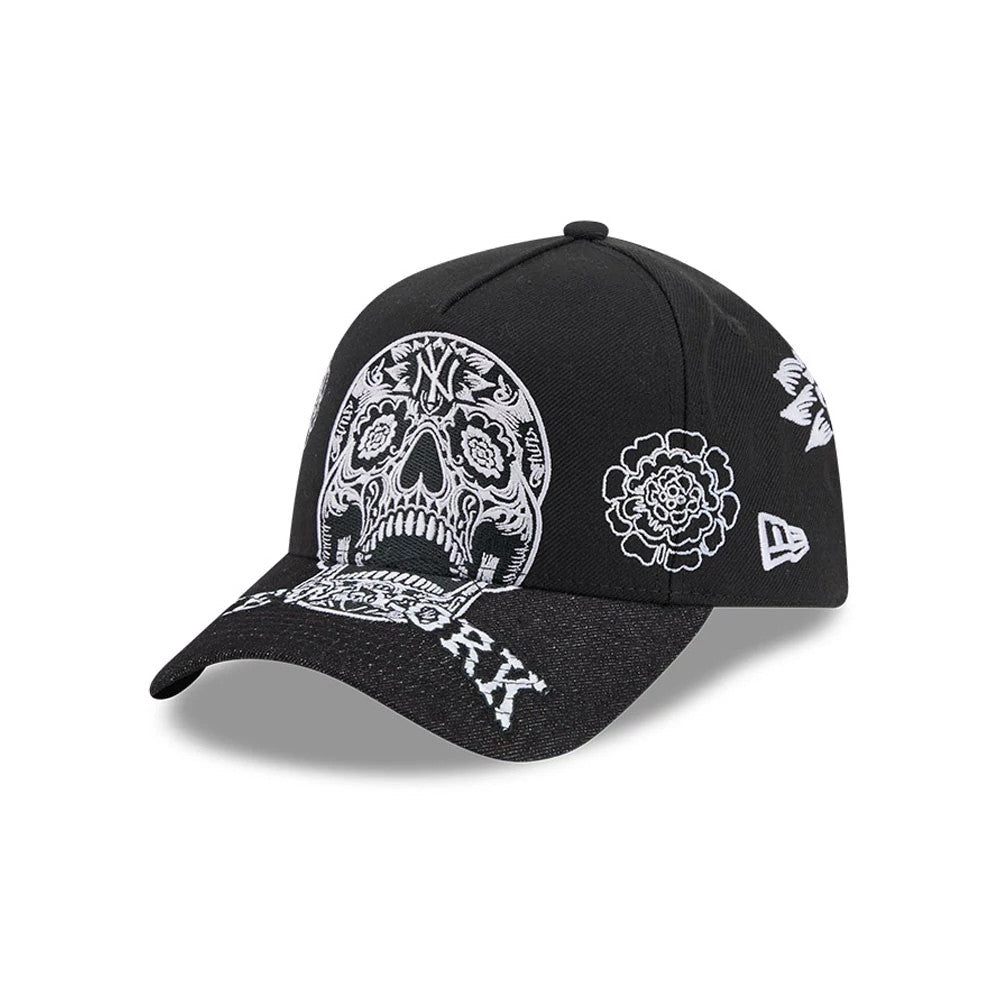 Pictured is this MLB Day Of The Dead New York Yankees 9FORTY A-Frame cap in black. 1