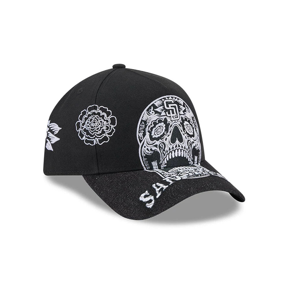 Pictured is this MLB Day Of The Dead San Diego Padres 9FORTY A-Frame cap in black. 3