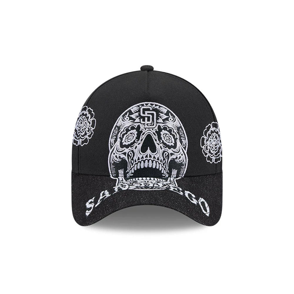 Pictured is this MLB Day Of The Dead San Diego Padres 9FORTY A-Frame cap in black. 2