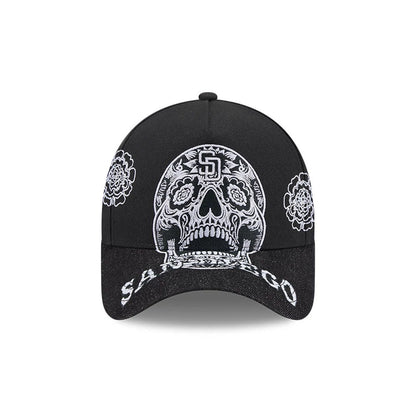 Pictured is this MLB Day Of The Dead San Diego Padres 9FORTY A-Frame cap in black. 2