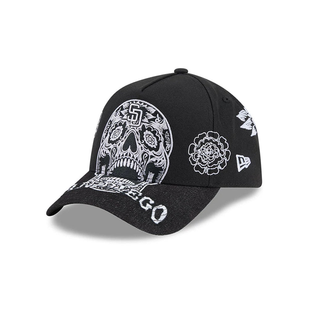 Pictured is this MLB Day Of The Dead San Diego Padres 9FORTY A-Frame cap in black. 1