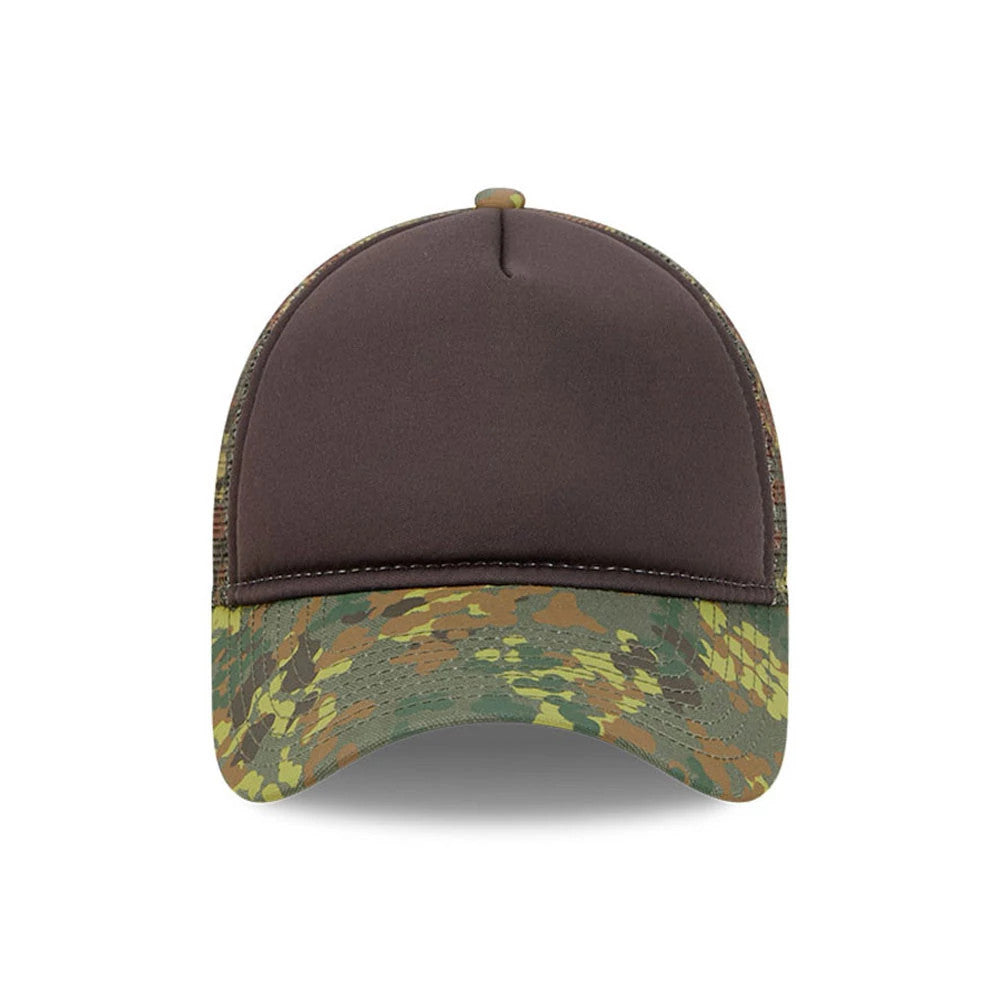 New Era Elevated Basics Green 9FORTY A-Frame Trucker Adjustable Cap, front view showing a plain brown front panel and structured crown, with a woodland camouflage pattern on the visor and mesh side panels.