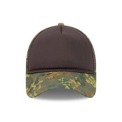 New Era Elevated Basics Green 9FORTY A-Frame Trucker Adjustable Cap, front view showing a plain brown front panel and structured crown, with a woodland camouflage pattern on the visor and mesh side panels.