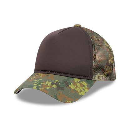New Era Elevated Basics Green 9FORTY A-Frame Trucker Adjustable Cap, three-quarter view showing the camouflage-patterned visor, solid brown front panel, and green mesh back panels with a raised New Era flag logo on the left side.