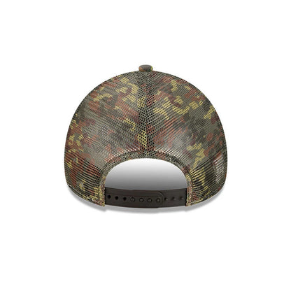 New Era Elevated Basics Green 9FORTY A-Frame Trucker Adjustable Cap, rear view showing a camouflage patterned mesh back panel with an adjustable black snap closure, highlighting the structured design and top button.