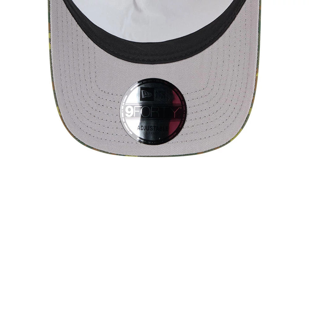 New Era Elevated Basics Green 9FORTY A-Frame Trucker Adjustable Cap, inside view showing a grey undervisor with a black sweatband, and a round 9FORTY size sticker placed at the centre.