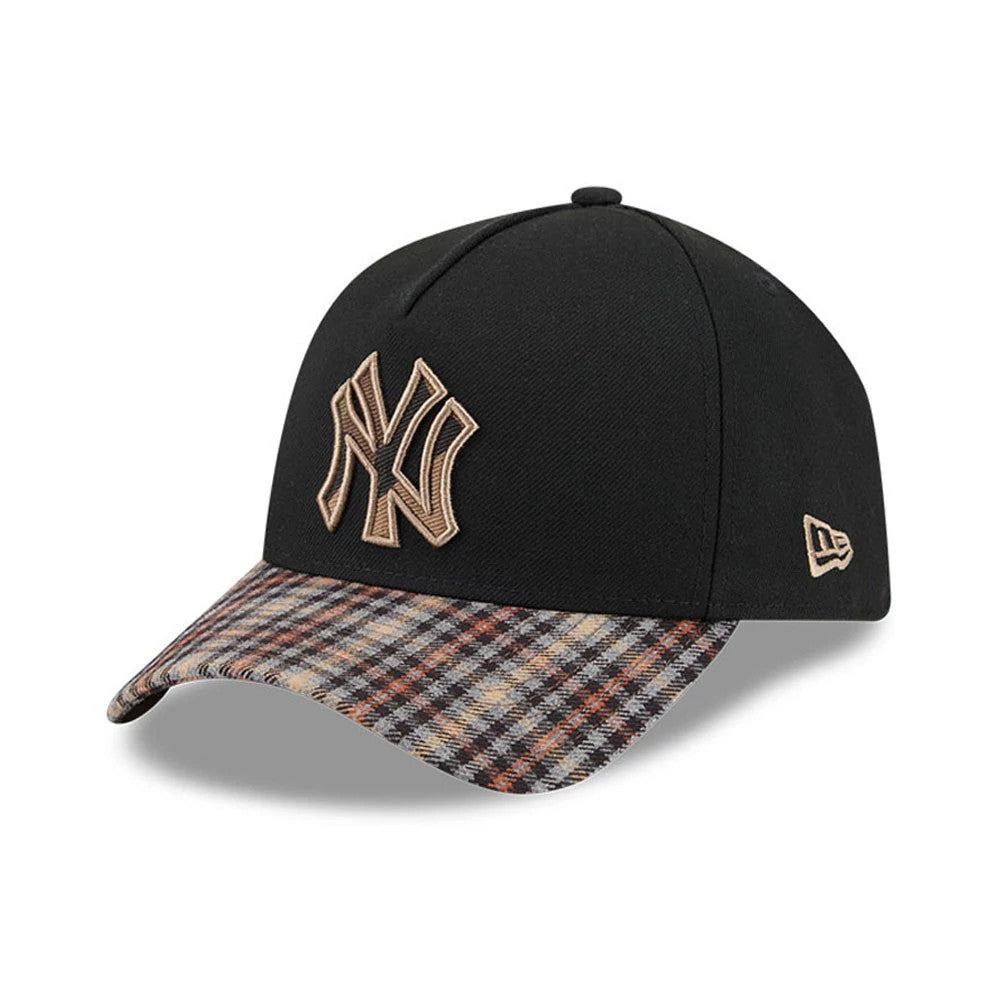 Yankees MLB Fabric Story Black New Era 59FORTY A-Frame Fitted Cap, three-quarter view showing a raised tan embroidered NY logo on the front panel, a multicoloured plaid visor, and the New Era flag logo on the left side.