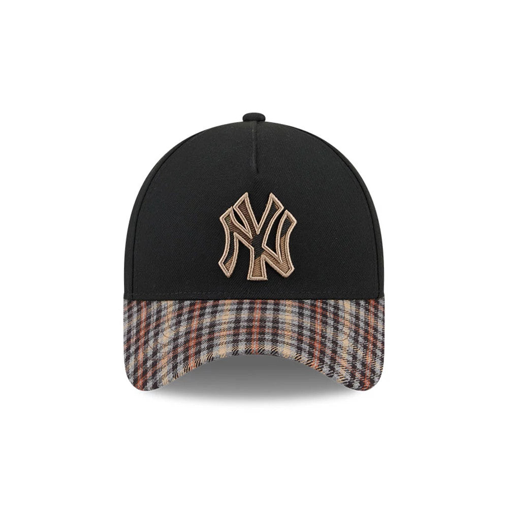 Yankees MLB Fabric Story Black New Era 59FORTY A-Frame Fitted Cap, front view showing a cream embroidered Yankees logo on a structured black crown, with a distinctive plaid pattern on the curved visor in shades of brown, grey, and tan.