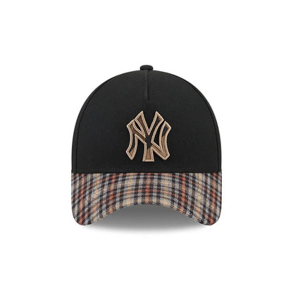 Yankees MLB Fabric Story Black New Era 59FORTY A-Frame Fitted Cap, front view showing a cream embroidered Yankees logo on a structured black crown, with a distinctive plaid pattern on the curved visor in shades of brown, grey, and tan.